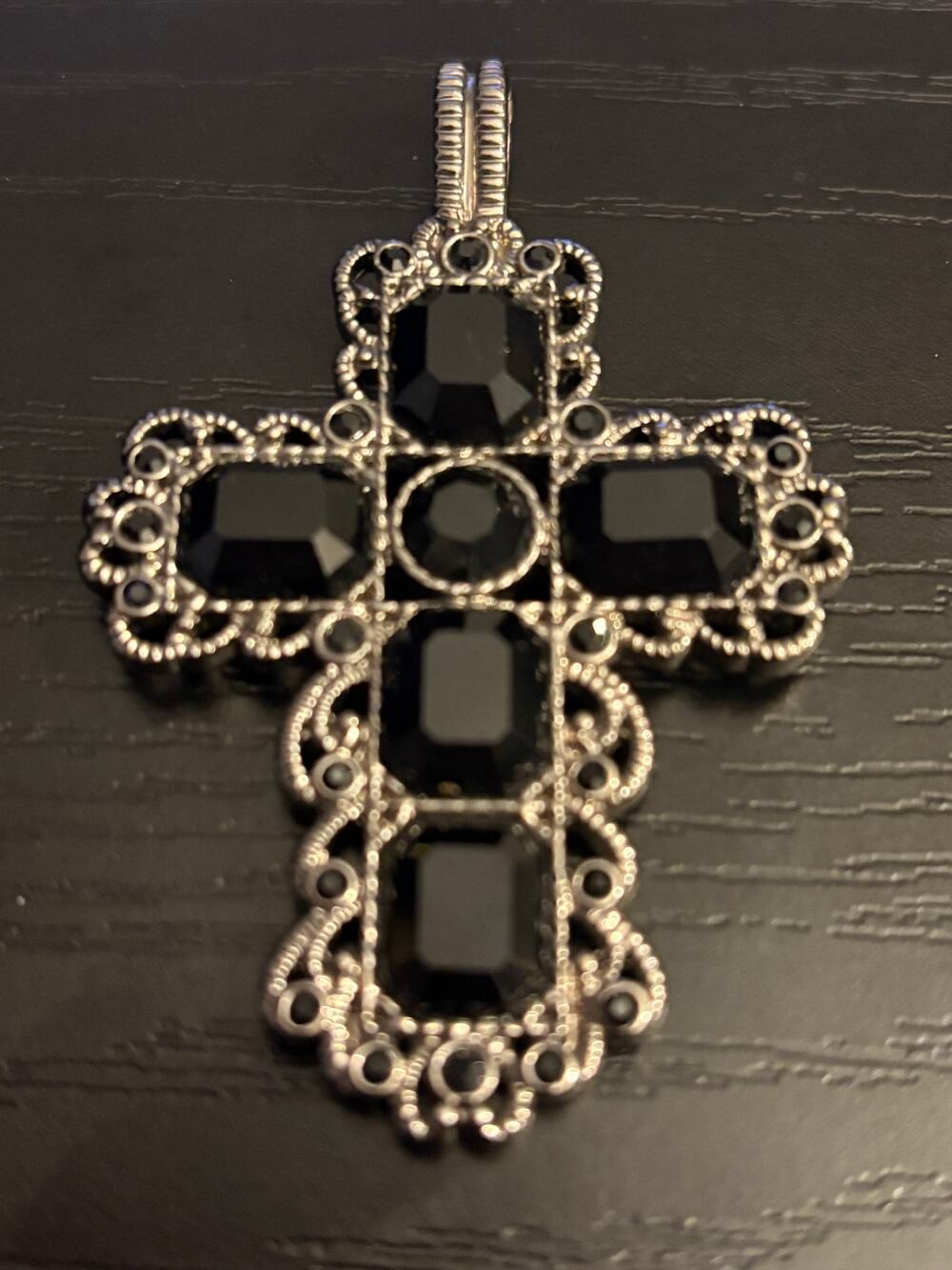 Vintage large Black Rhinestone Cross Pendant Silver Tone